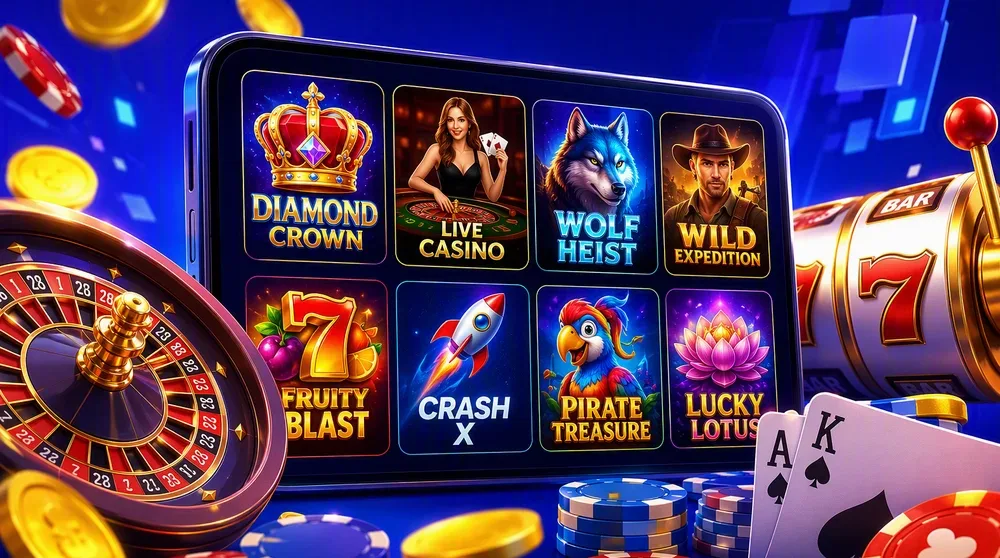 griglia di icone giochi slot, live, crash e tavoli