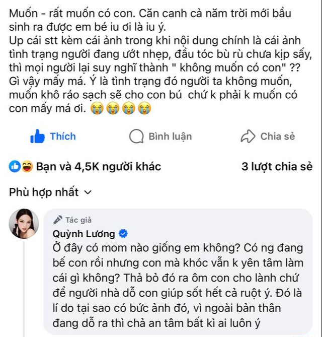 Quỳnh Lương lên tiếng phủ nhận thông tin không muốn có con