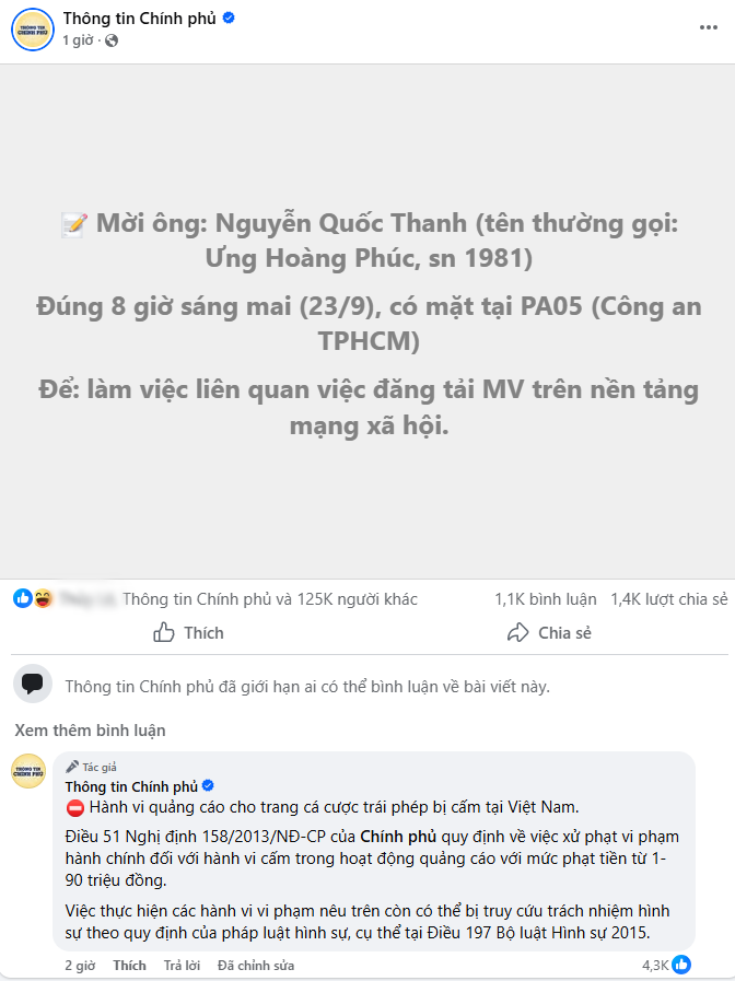 Bài đăng của trang Thông tin Chính phủ về Ưng Hoàng Phúc