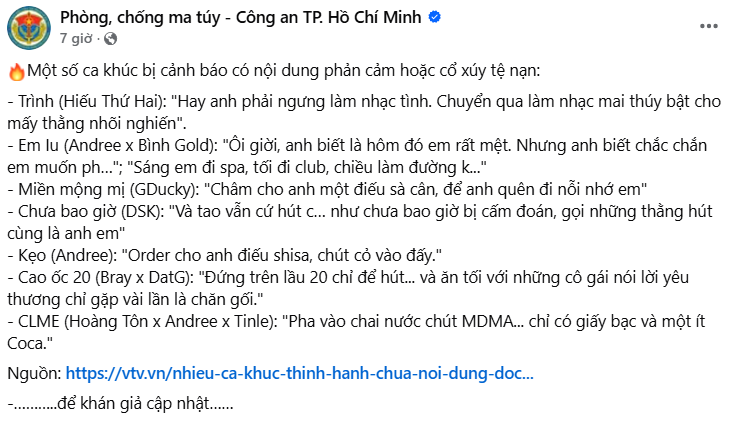 Trang thông tin Phòng, chống ma túy - Công an TP. Hồ Chí Minh nhắc tên HIEUTHUHAI, B Ray và rất nhiều rapper khác- Ảnh 1. Trang thông tin Phòng, chống ma túy - Công an TP.HCM đăng tải bài viết đề cập đến một số ca khúc bị cho là có ngôn từ phản cảm hoặc mang yếu tố cổ xúy tệ nạn xã hội