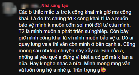 Tài khoản H.T cho biết cả hai quyết định giấu kín chuyện tình cảm vì né tránh sự soi mói, muốn Bình Gold tập trung vào công việc Lý do giấu kín chuyện tình cảm của cặp đôi