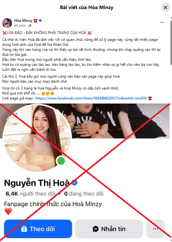 Hòa Minzy cảnh bảo trang page giả mạo