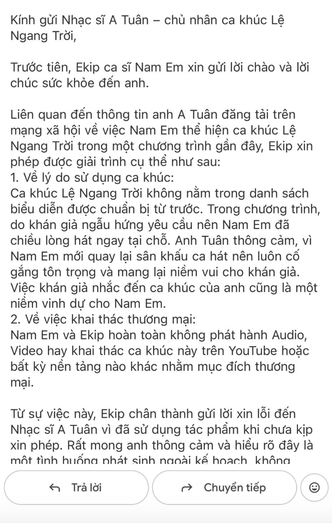 Mail xin lỗi từ ekip Nam Em